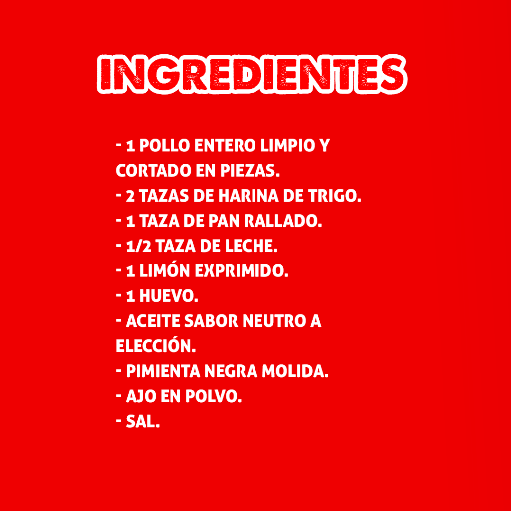 Ingredientes para preparar Pollo Empanizado dispuestos sobre una mesa.