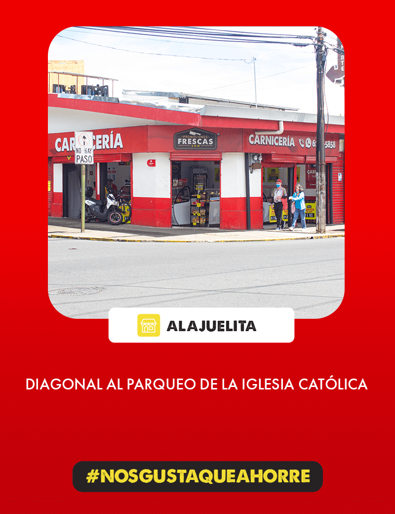 Exterior del punto de venta de Carnicerías Promociones Frescas en Alajuelita, mostrando la dirección exacta, el letrero y la entrada principal de la tienda
