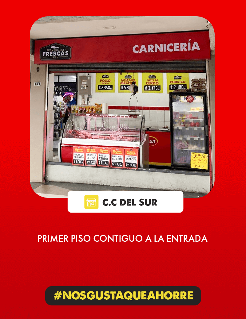 Exterior del punto de venta de Carnicerías Promociones Frescas en el Centro Comercial del Sur, en San José Costa Rica, mostrando la dirección exacta, el letrero y la entrada principal de la tienda