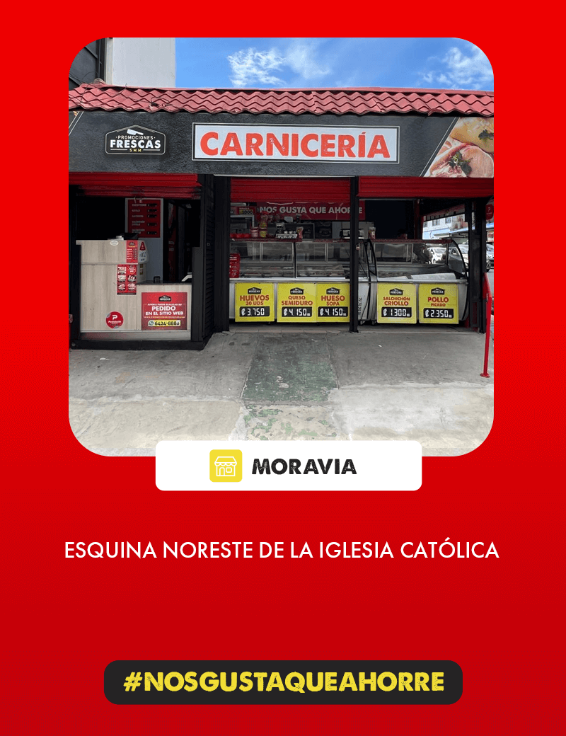 Exterior del punto de venta de Carnicerías Promociones Frescas en Moravia, San José, Costa Rica, mostrando la dirección exacta, el letrero y la entrada principal de la tienda