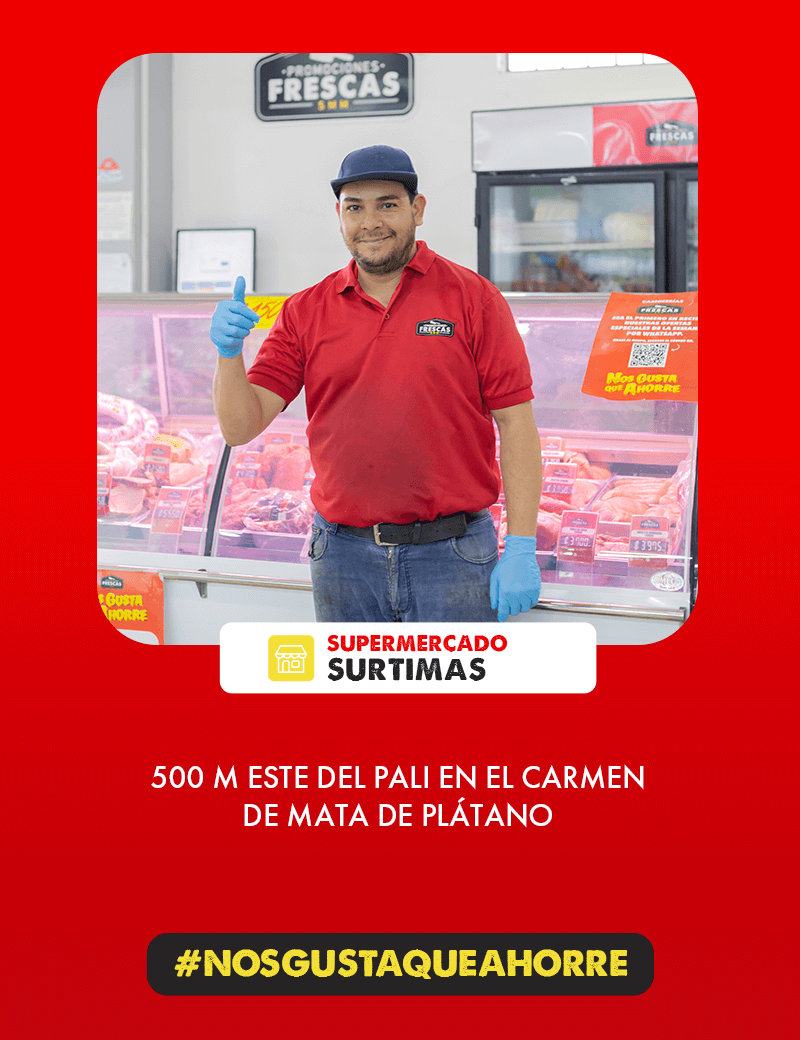 Interior del punto de venta de Carnicerías Promociones Frescas en Supermercado Surtimás en Mata de Plátano, Goicochea, mostrando la dirección exacta.