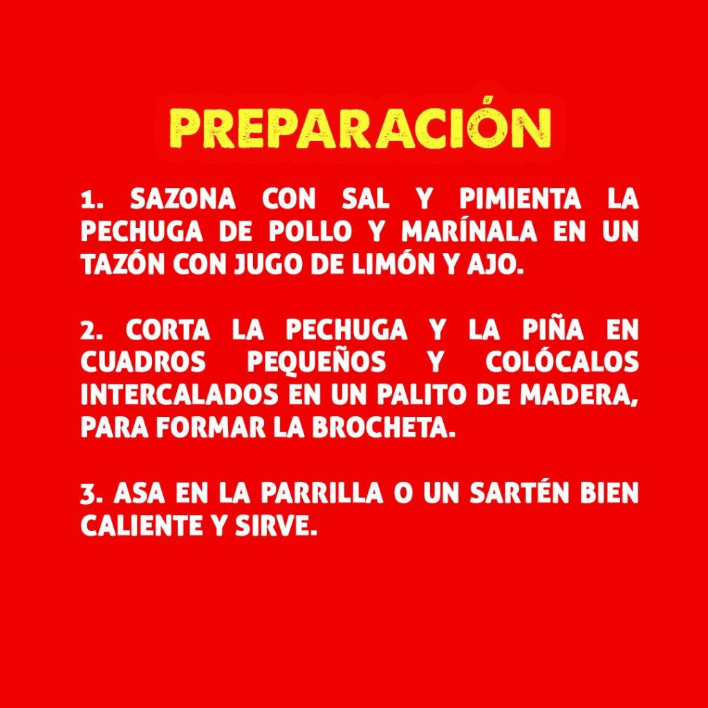Preparación de Pinchos de Pollo Hawaianos, mostrando el proceso de ensartar el pollo y las verduras en brochetas.