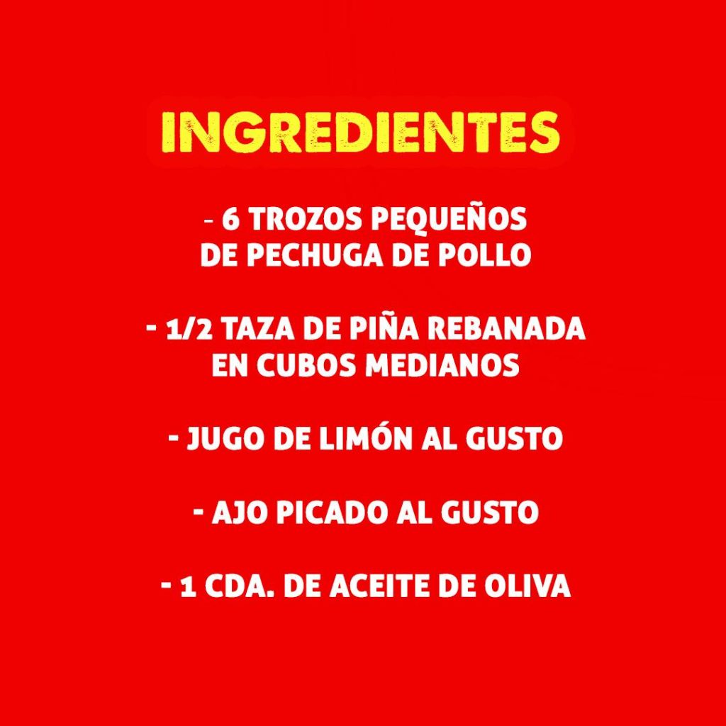 Ingredientes para Pinchos de Pollo Hawaianos, incluyendo pechugas de pollo, piña, pimientos y cebolla.