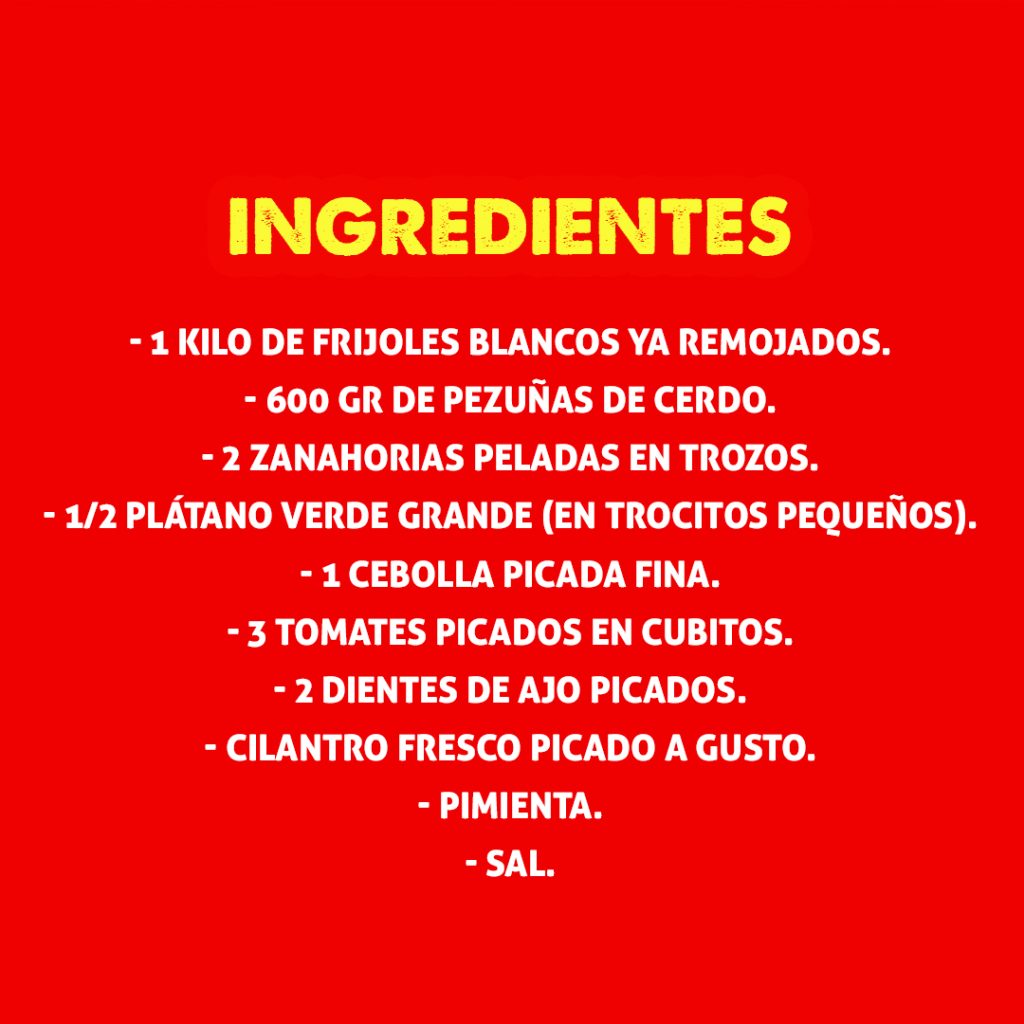 Ingredientes para Pesuñas de Cerdo con Frijoles, mostrando pesuñas de cerdo, frijoles, cebolla y especias.