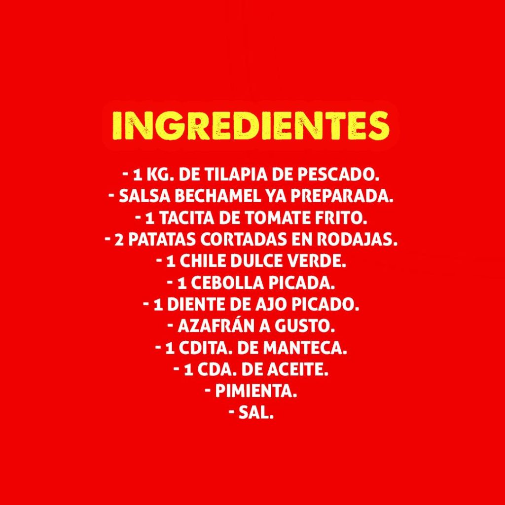 Ingredientes para Pastel de Pescado, incluyendo filetes de pescado, huevos, pan rallado y especias.
