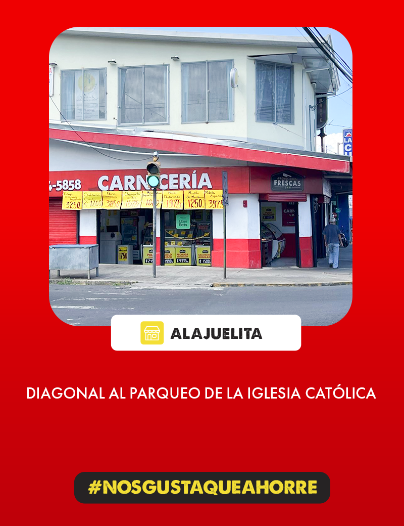Exterior del punto de venta de Carnicerías Promociones Frescas en Alajuelita, mostrando la dirección exacta, el letrero y la entrada principal de la tienda