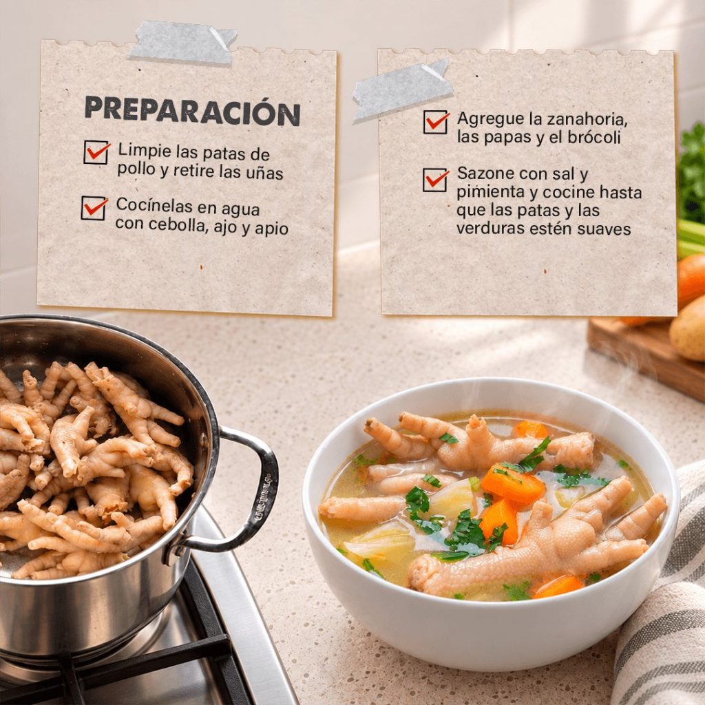 Preparación de la sopa de patas de pollo